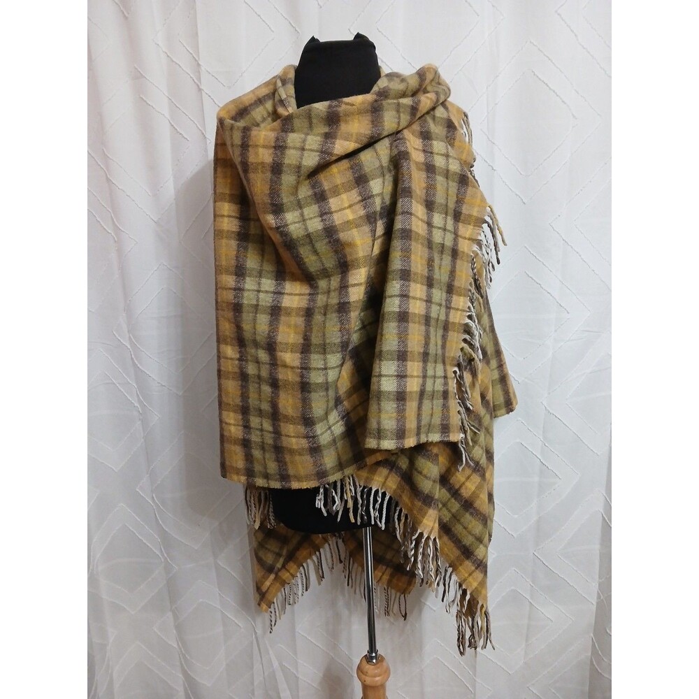 Reine Wolle 100% Wool Plaid Cape Shawl Fringe One Size  Gold brown  Gray